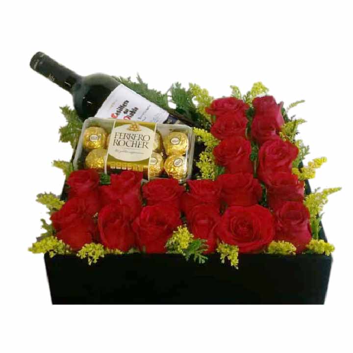 caja con rosas solidago vino y chocolates