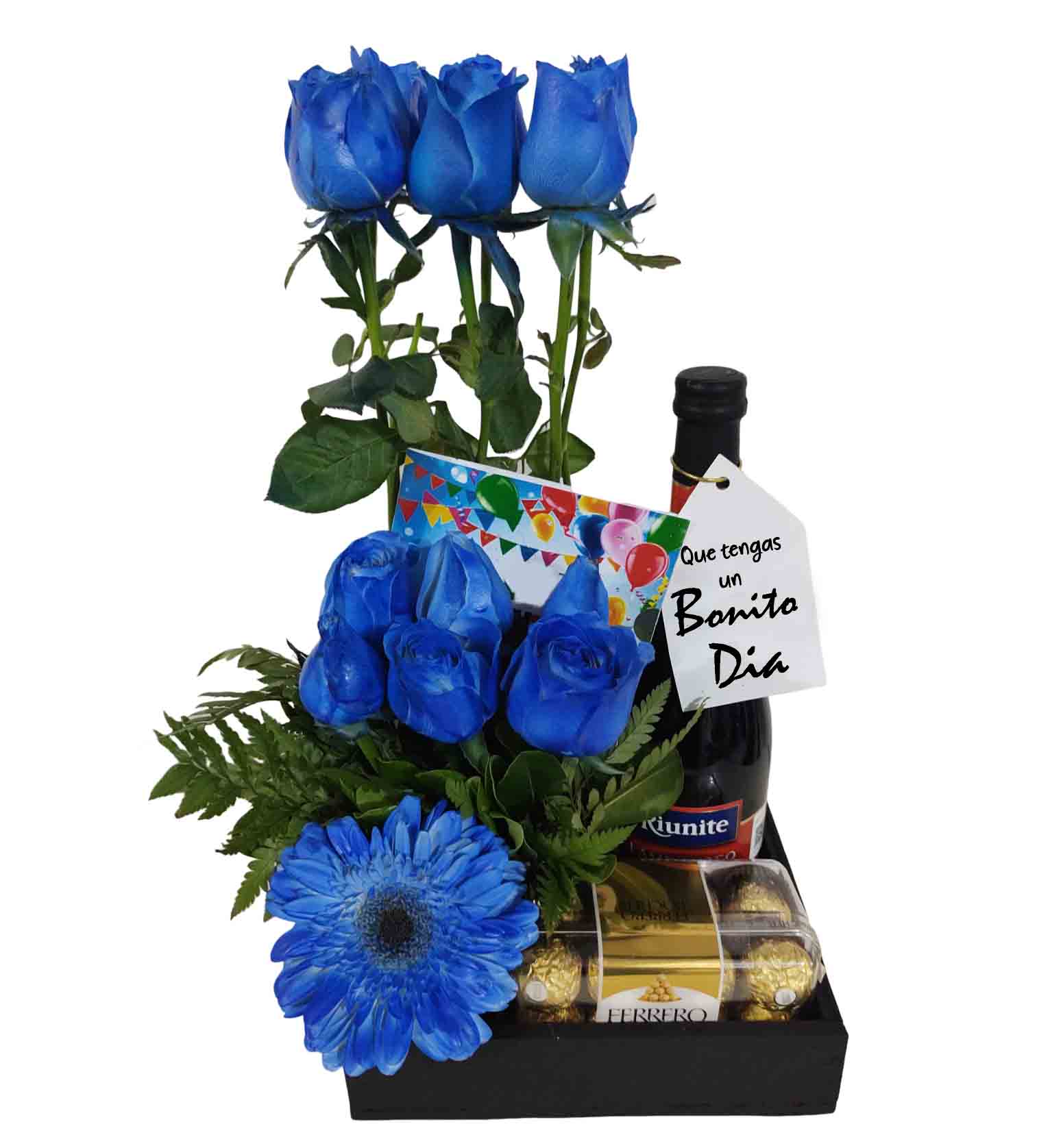 caja con rosas azules,vino y chocolates ferrero
