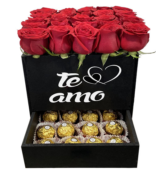 caja con 25 rosas y 16 chocolates ferrero