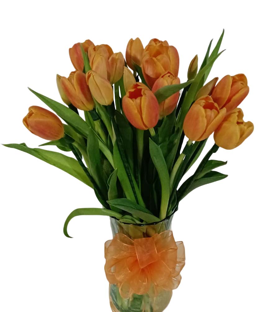 18 tulipanes color naranja en jarron de vidrio