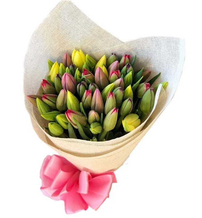 ramo con 50 tulipanes amarillos y fushia