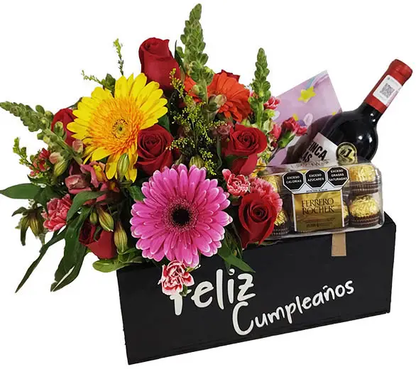 arreglo con rosas,gerberas,alstroemerias,vino y chocolates