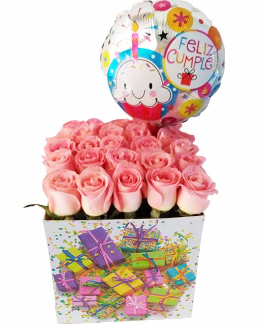 caja de carton con rosas rosadas y globo,servicio a domicilio en veracruz y boca del rio