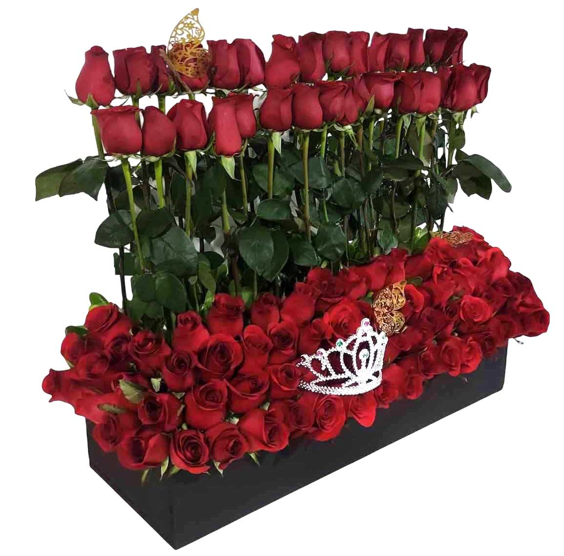 caja con 16 chocolates ferrero y 60 rosas rojas