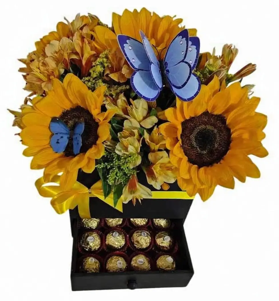 cajonera con 5 girasoles,alstroemerias y 16 chocolates ferrero