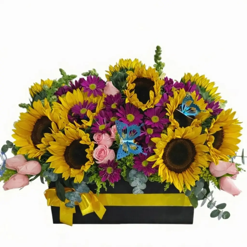arreglo con 15 girasoles,20 rosas rosadas,margaritas,snapdragon,solidago y eucalipto