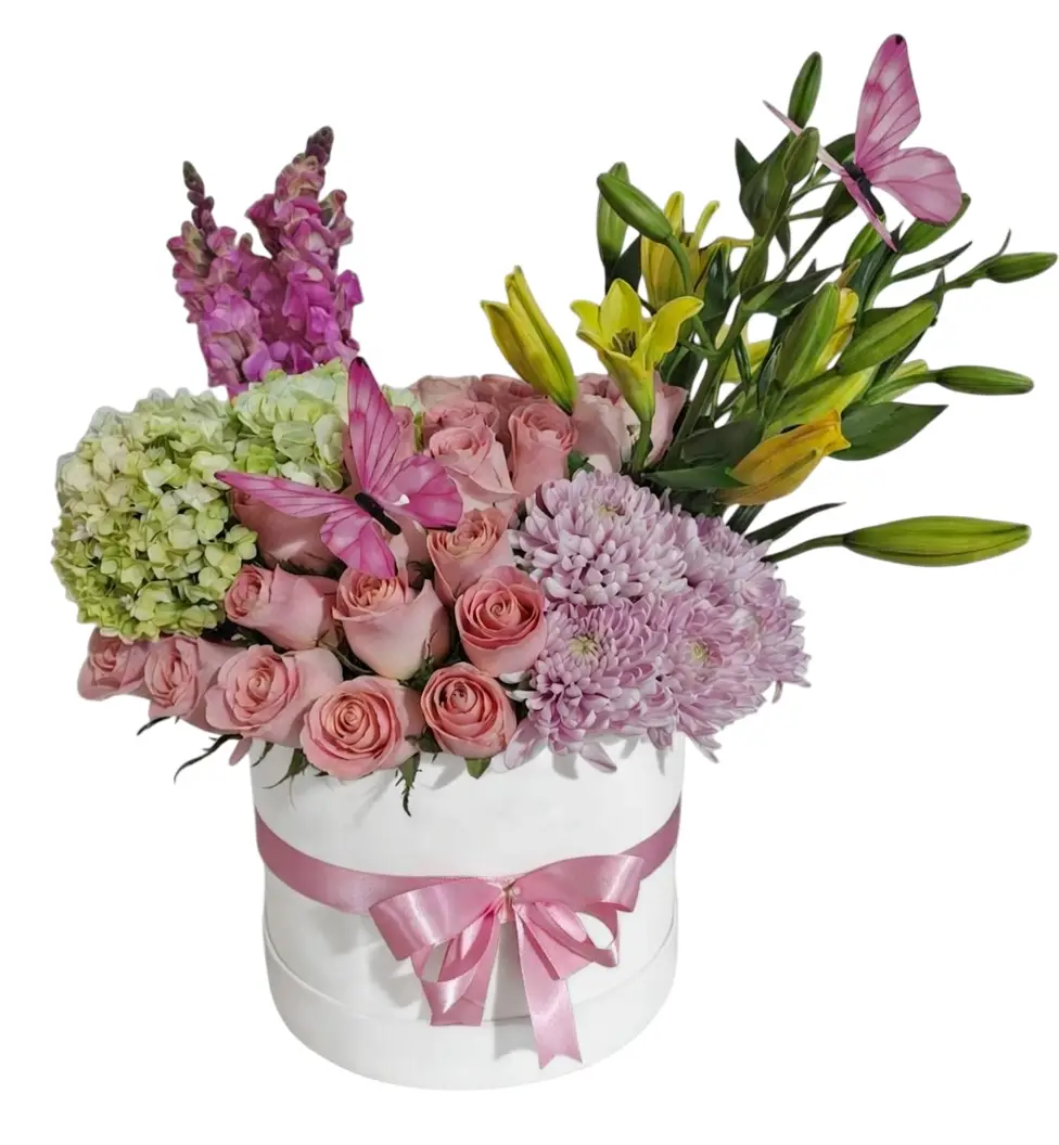 arreglo  con 50 rosas rosadas,roxanas,snapdragon y lirios