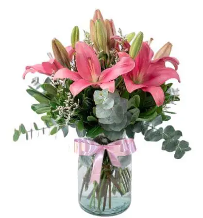 jarron con lilis rosadas y aucalipto Florería en Veracruz y Boca del Río: ¡Envío a domicilio! Encuentra las mejores flores y arreglos florales para cualquier ocasión