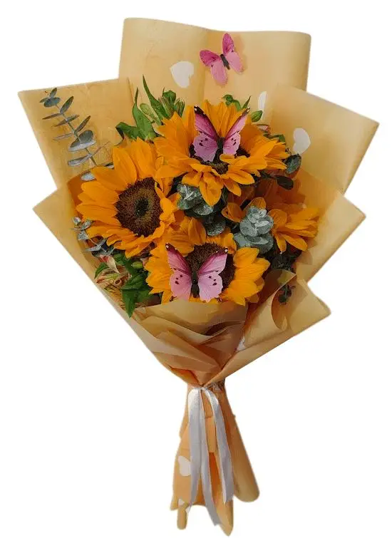 ramo con 4 girasoles y eucalipto,Florería en Veracruz y Boca del Río: ¡Envío a domicilio! Encuentra las mejores flores y arreglos florales para cualquier ocasión