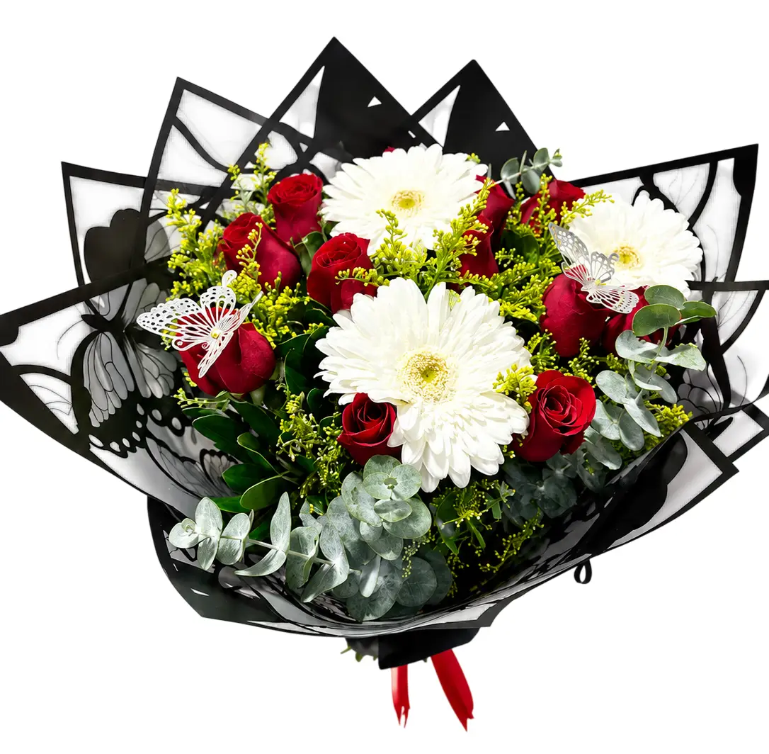 ramo con margaritas,gerberas,girasol,6rosas rosadas,lilis